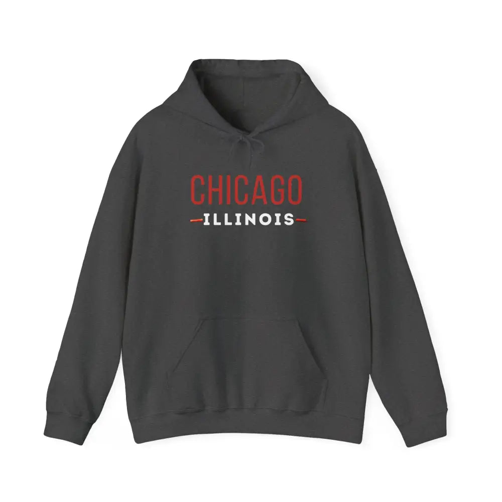 Chicago Illinois unisex heavy blend hoodie in dark gray with red lettering