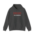 Chicago Illinois unisex heavy blend hoodie in dark gray with red lettering