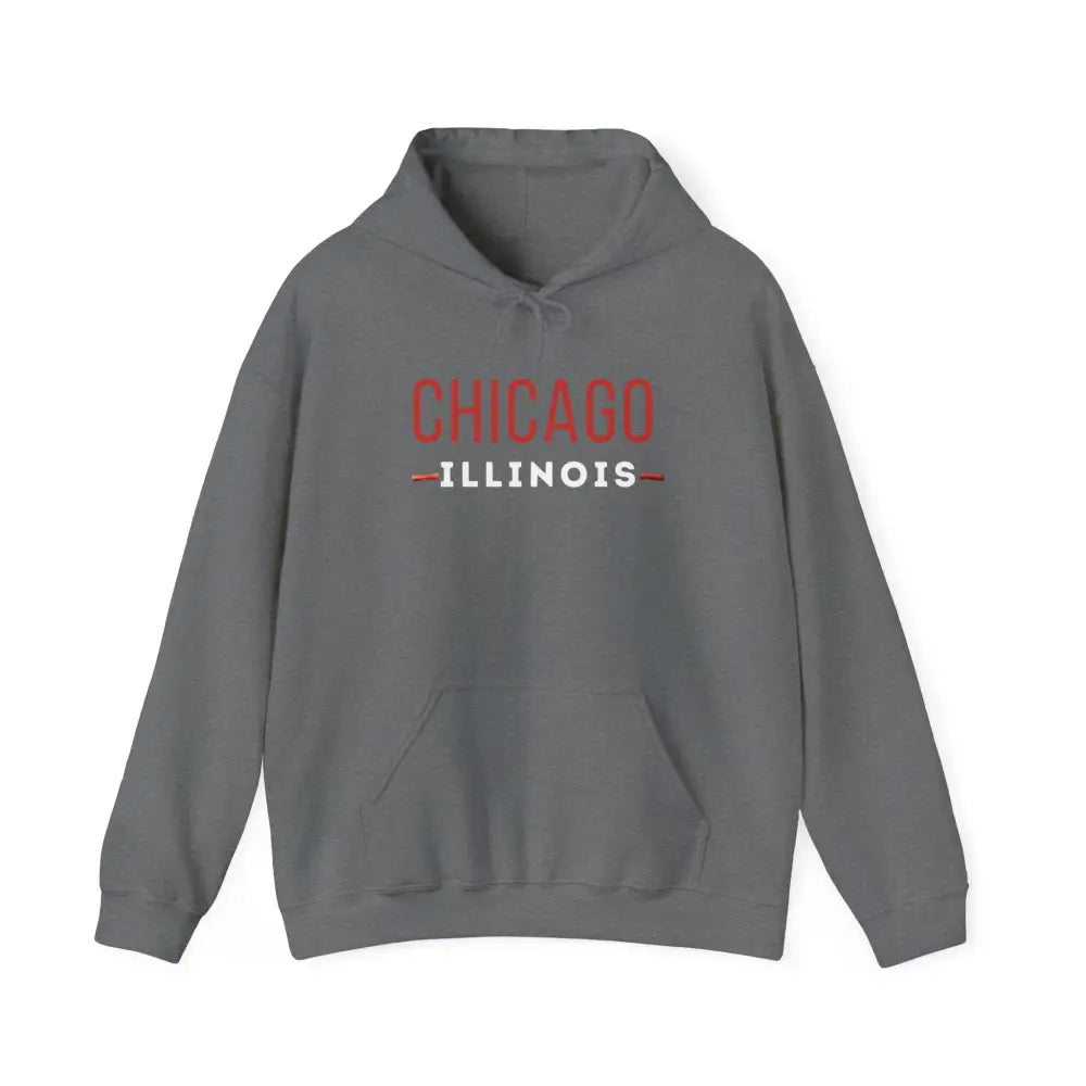 Gray Chicago Illinois unisex heavy blend hoodie with red white lettering