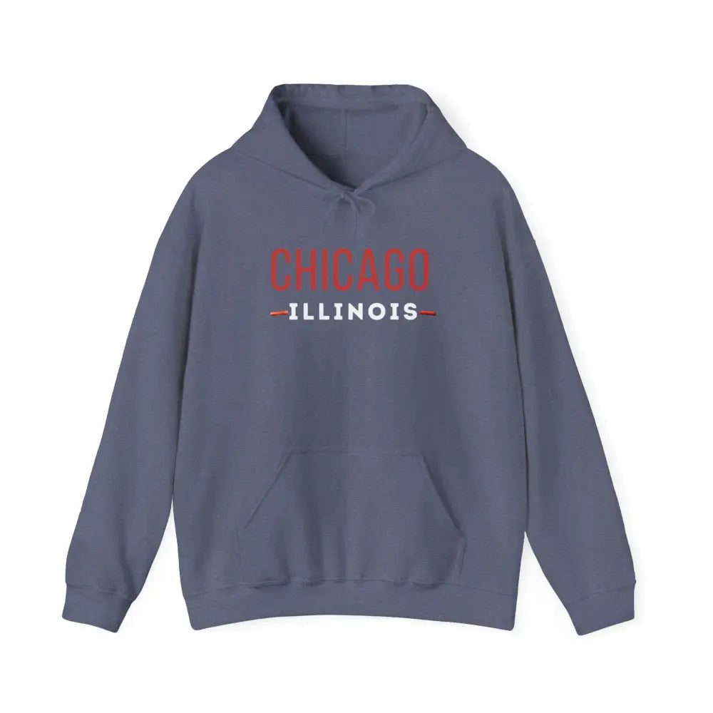 Chicago Illinois unisex heavy blend hoodie with grayish-blue pullover and front pocket