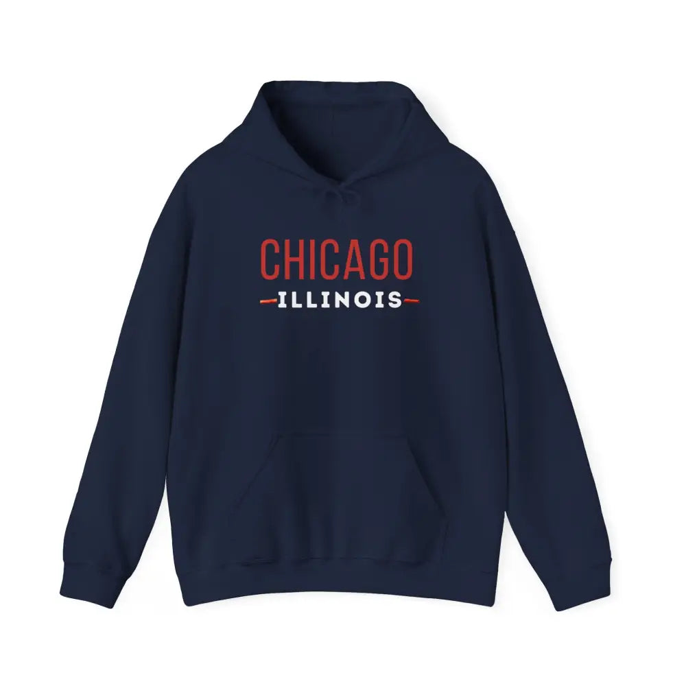 Chicago Illinois unisex heavy blend hoodie in navy blue with red text