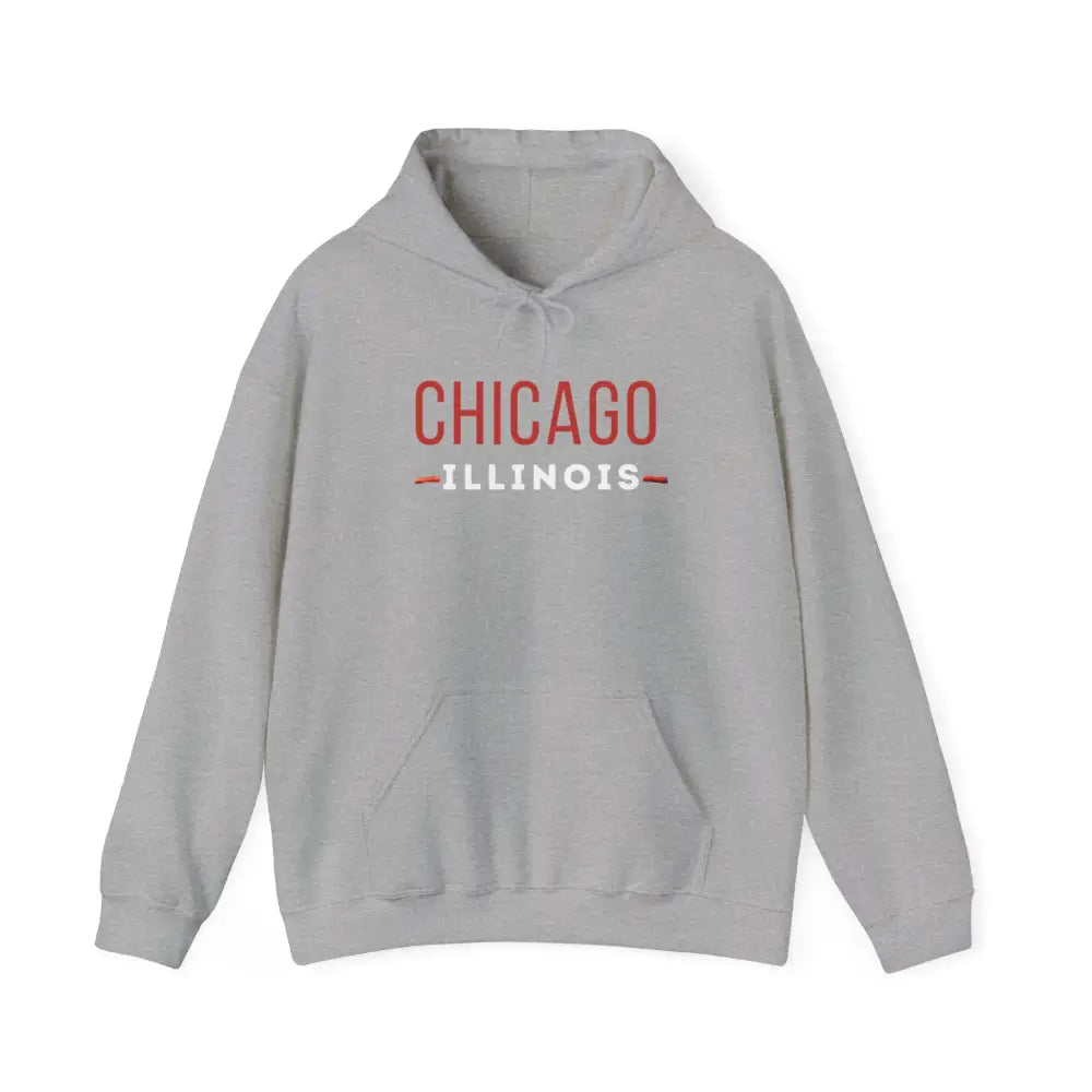 Chicago Illinois unisex heavy blend hoodie with light grey hooded sweatshirt and front pouch pocket