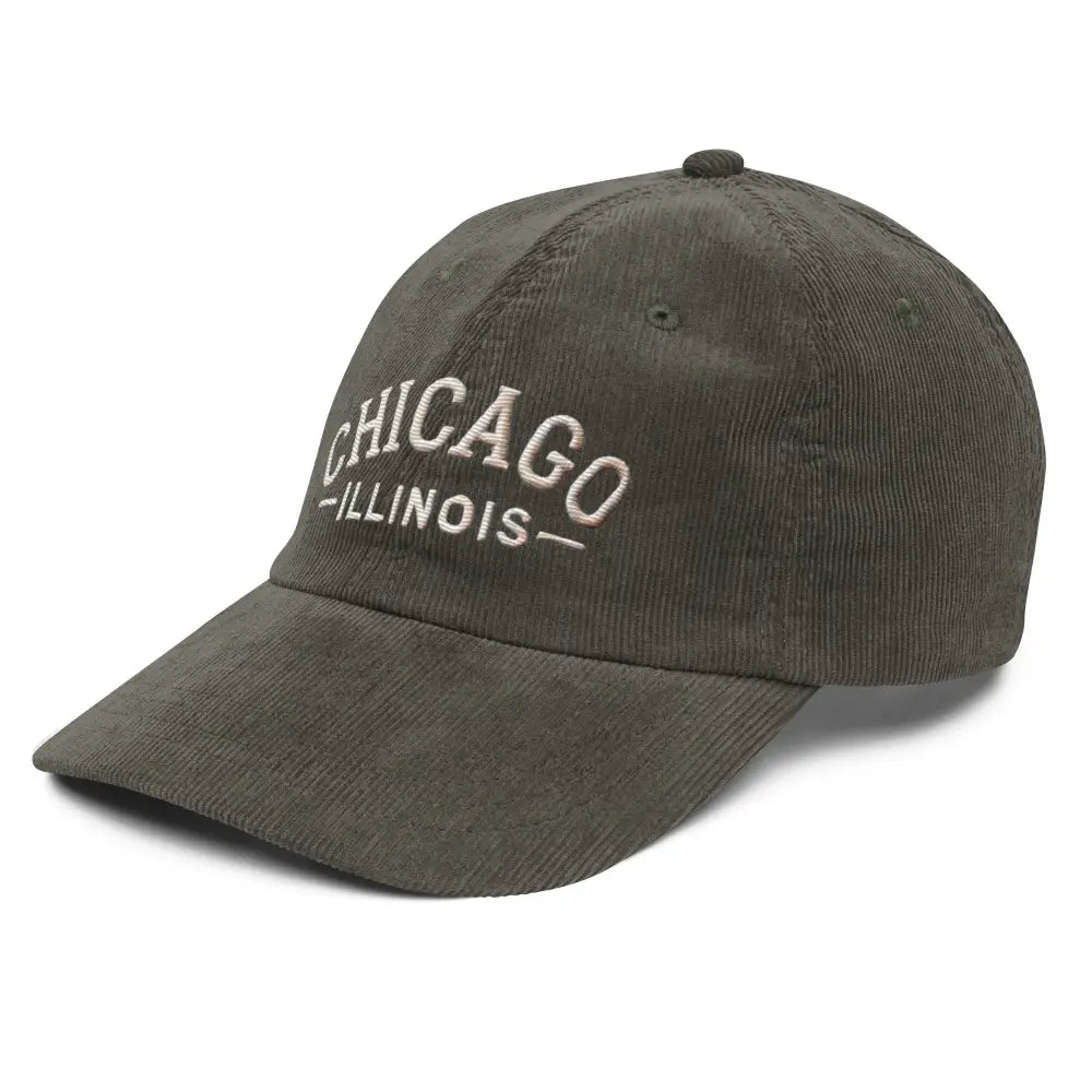 Embroidered Chicago Illinois dark olive green vintage corduroy hat