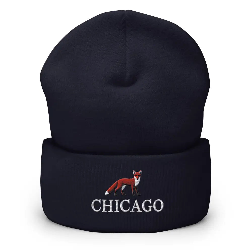 Dark blue Trini Skies beanie with red fox embroidered fox