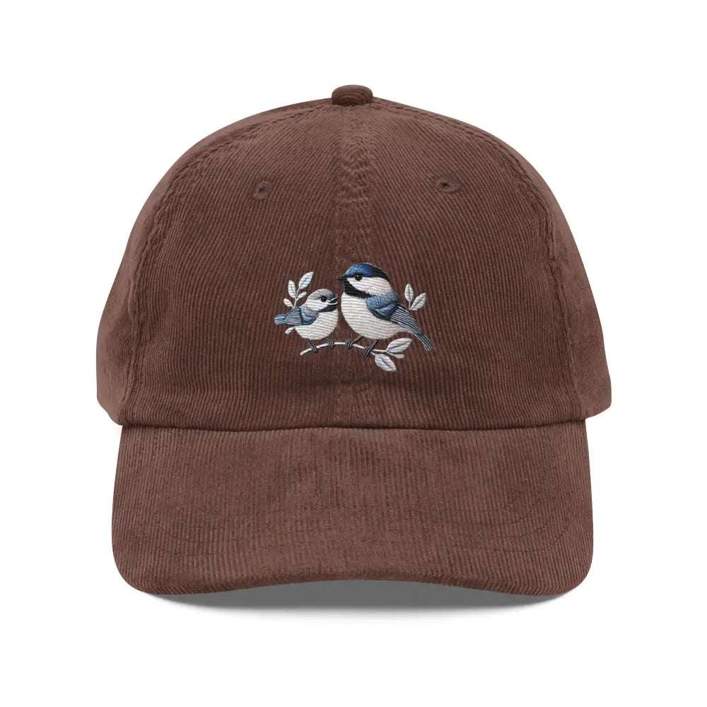Brown vintage corduroy cap with embroidered birds on branch