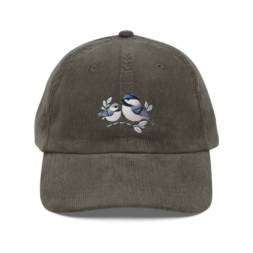 Olive green vintage corduroy cap with birds on branch embroidery