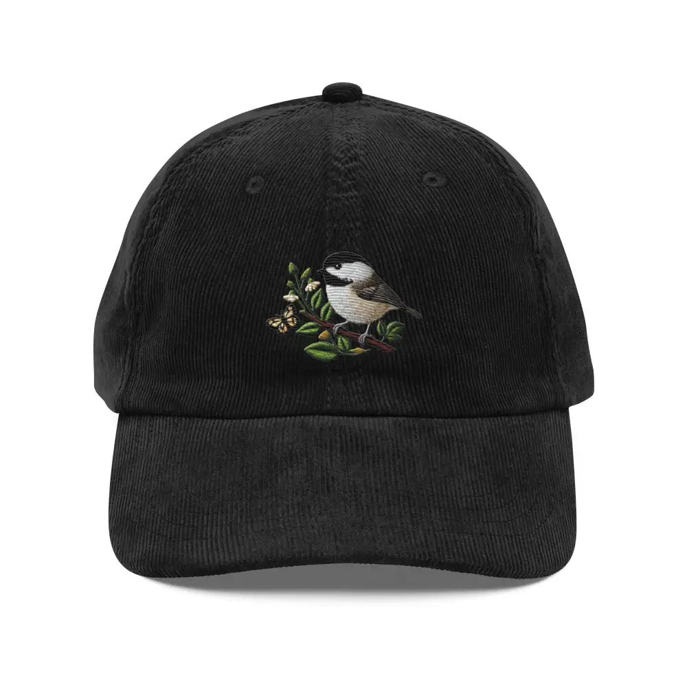 Embroidered chickadee on vintage-style corduroy cap