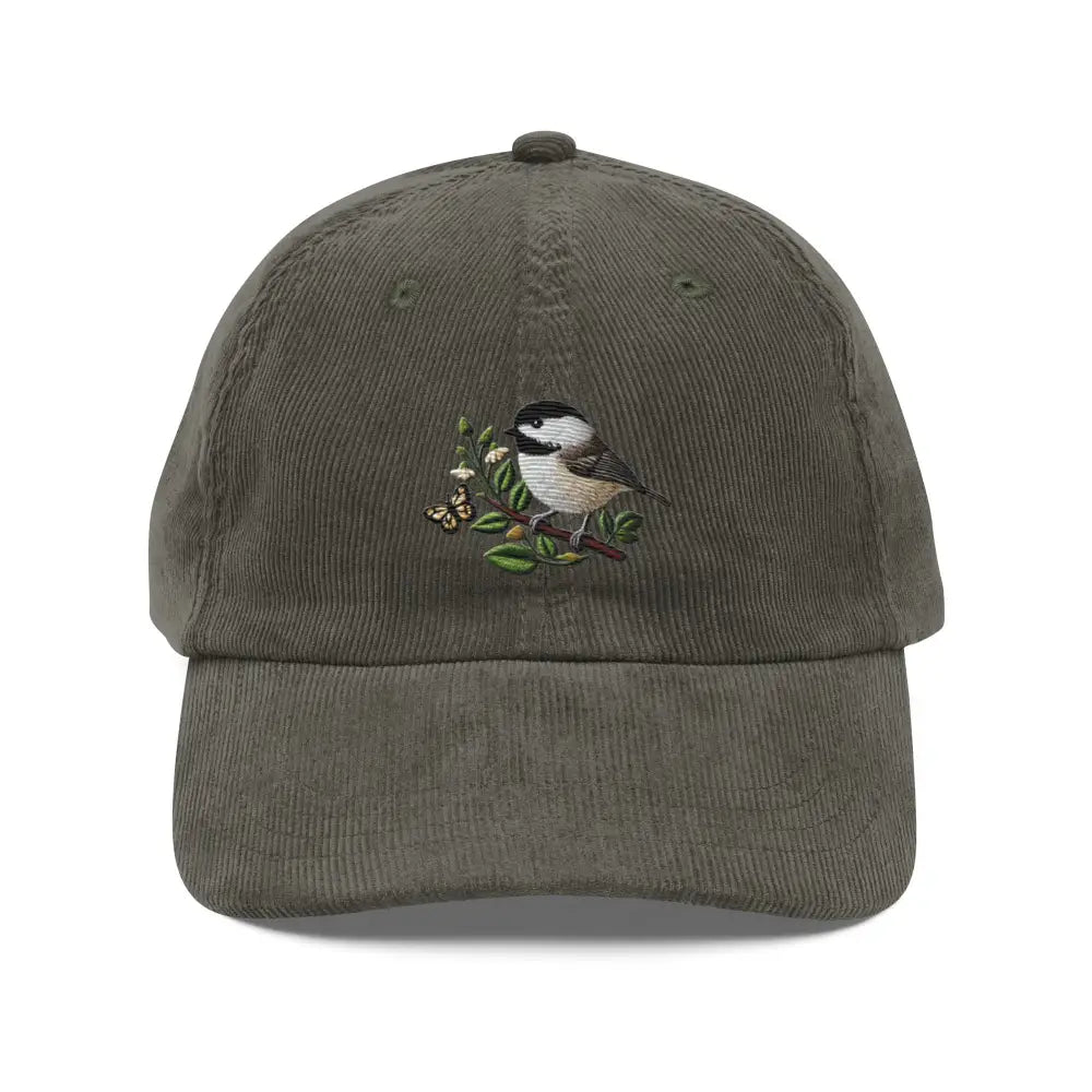 Embroidered chickadee on vintage-style corduroy cap