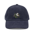 Embroidered chickadee on vintage-style navy corduroy cap with butterfly