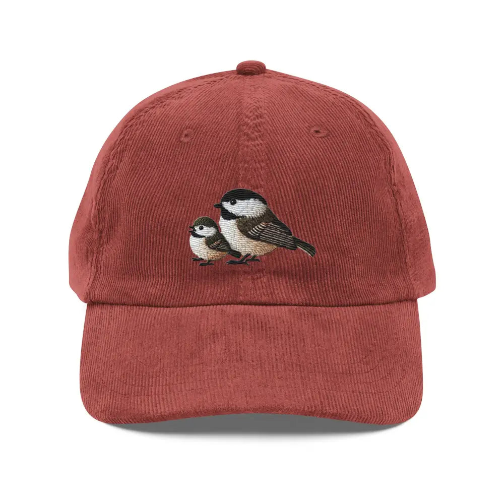 Vintage corduroy baseball cap with embroidered chickadee birds
