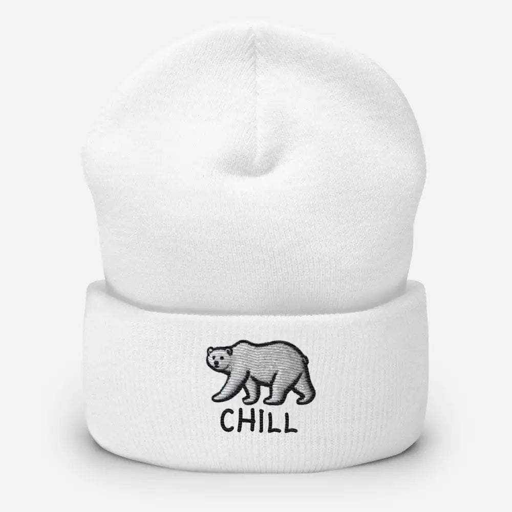 White embroidered polar bear form-fitting beanie in turbo acrylic