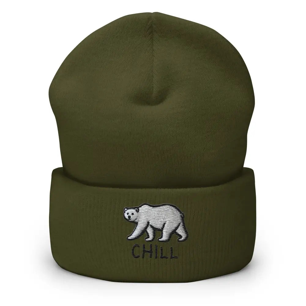 Olive green form-fitting beanie with embroidered polar bear in turbo acrylic