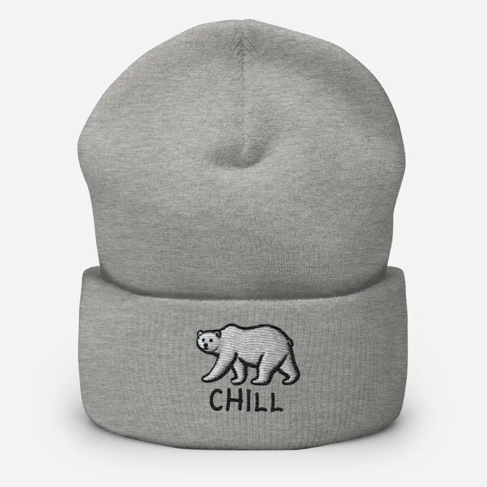 Gray embroidered polar bear form-fitting beanie in turbo acrylic