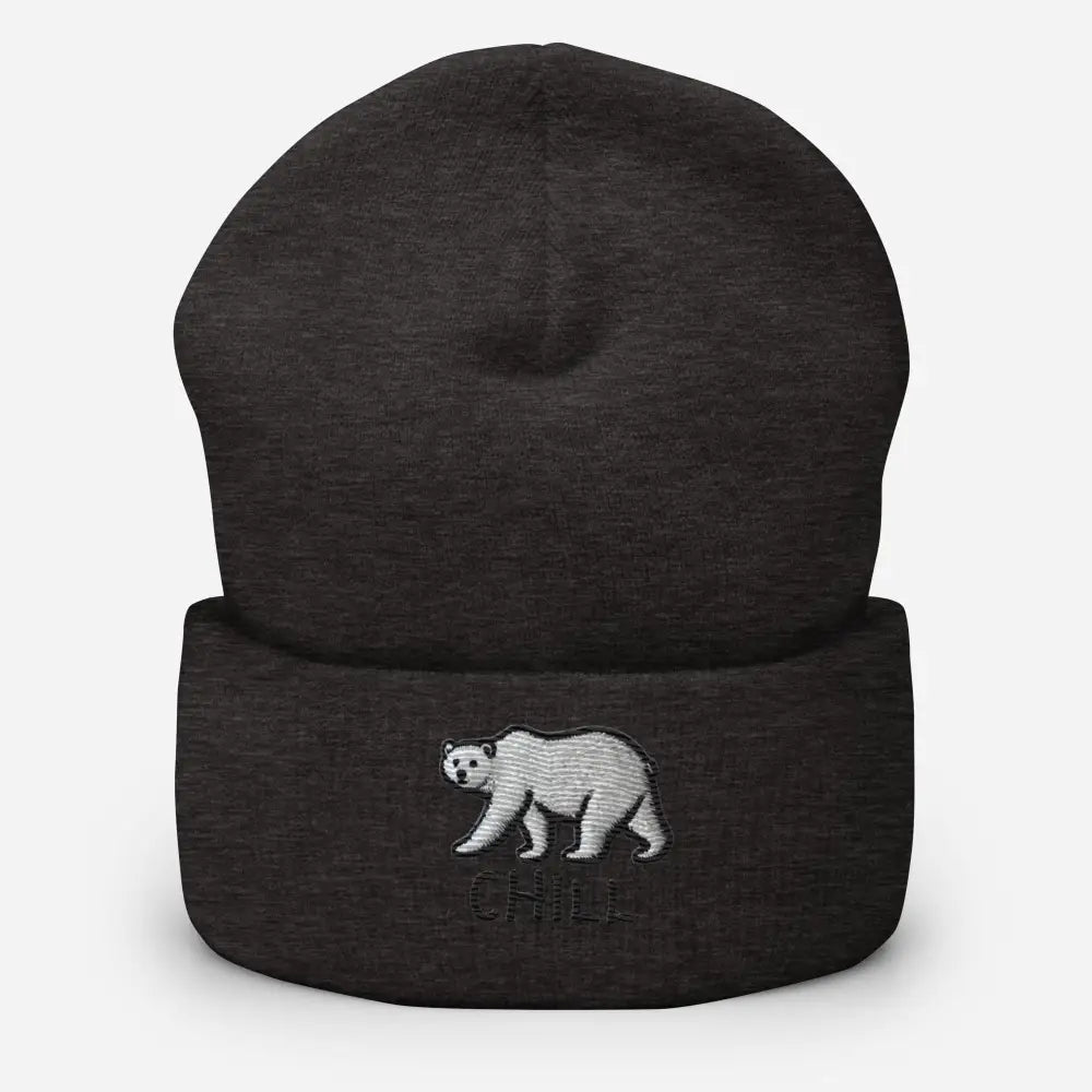 Dark gray turbo acrylic form-fitting beanie with embroidered polar bear