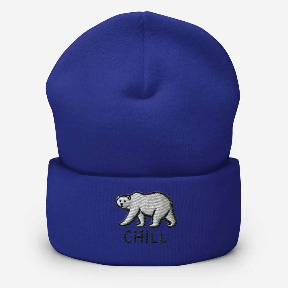 Royal blue form-fitting beanie with embroidered polar bear and CHILL in turbo acrylic