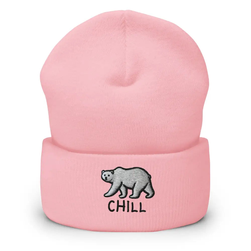 Pink form-fitting beanie with embroidered polar bear in turbo acrylic