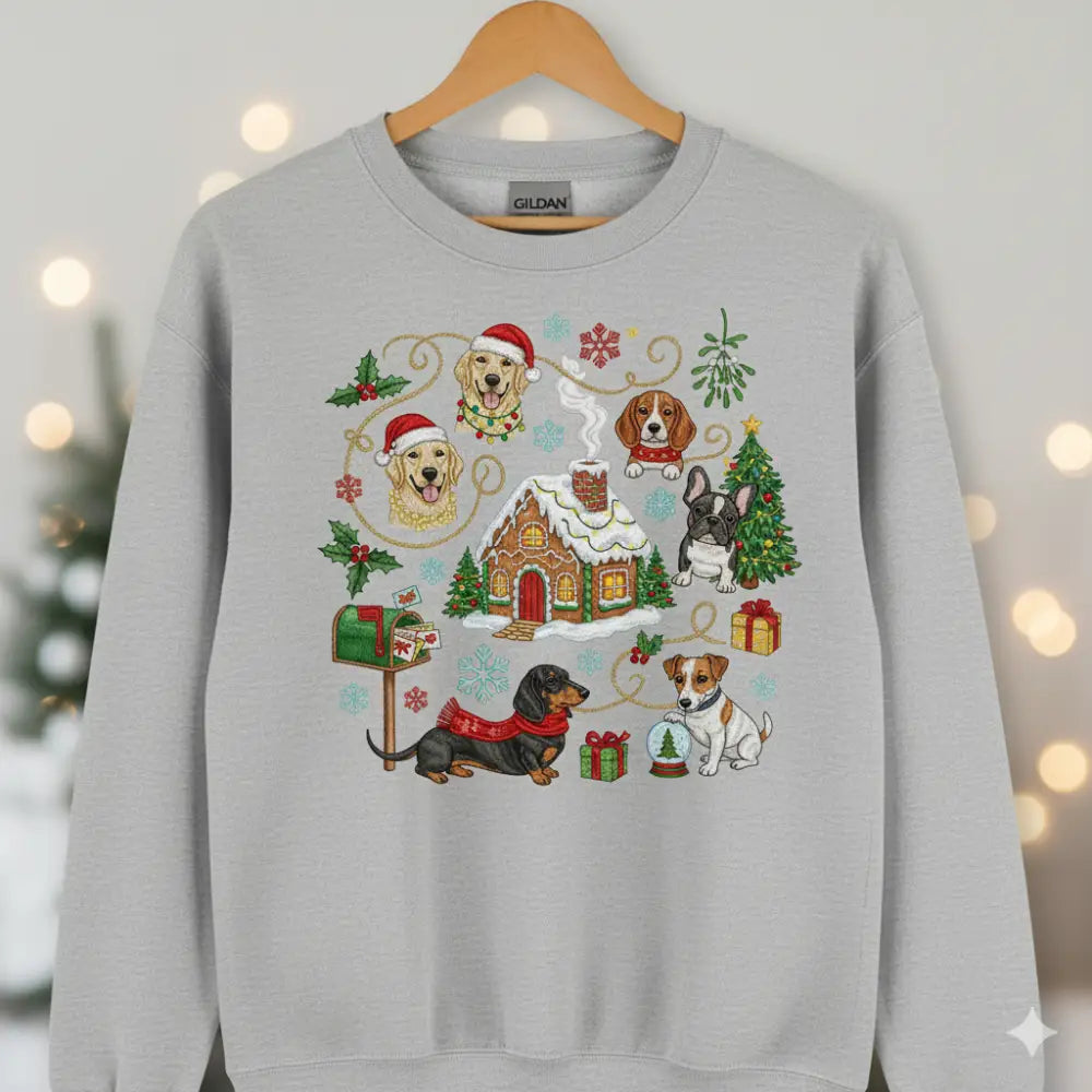 Grey Christmas Dog Sweatshirt with Cute Holiday Gingerbread House Design
