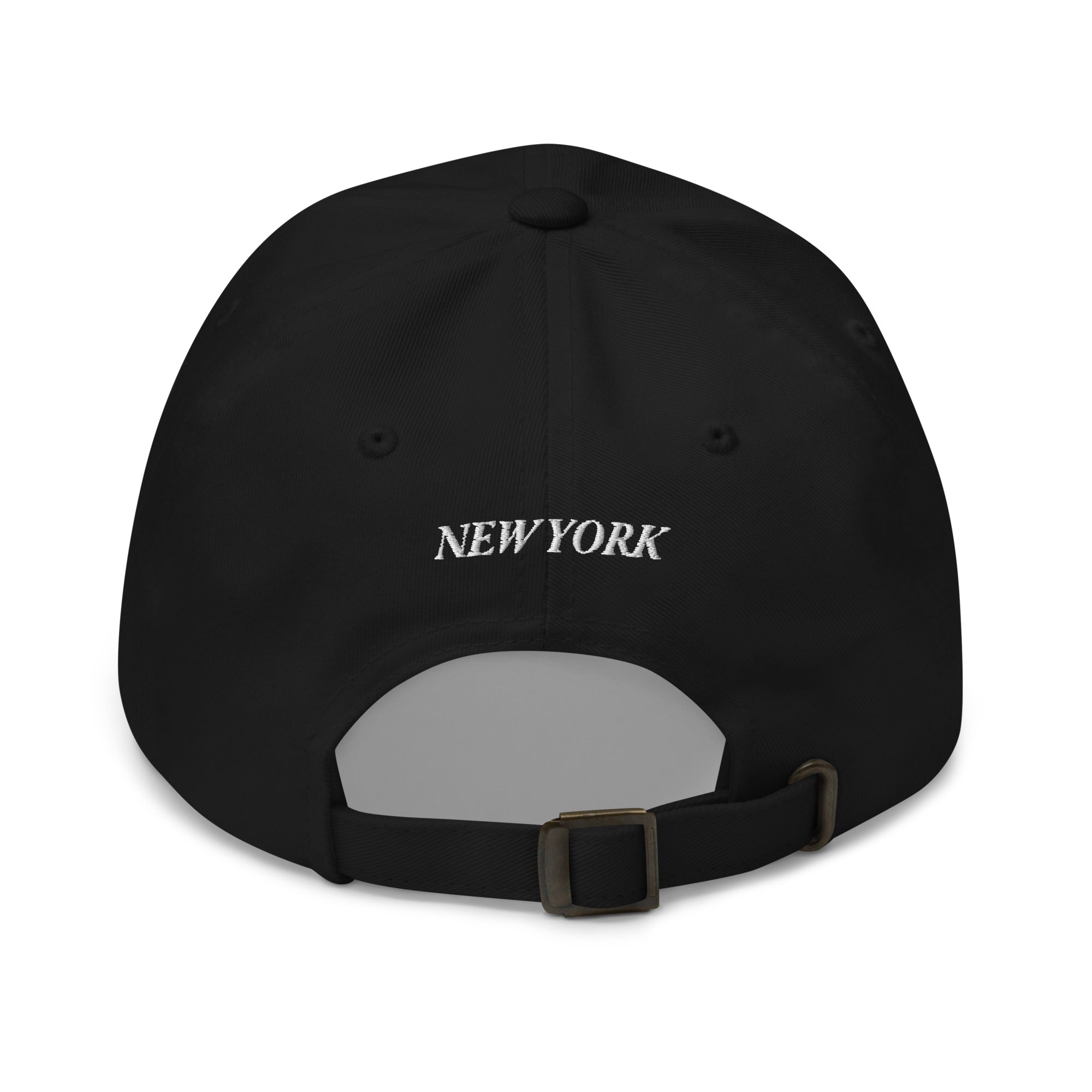 New York Carriage dad hat black back view New York text on adjustable strap Trini Skies