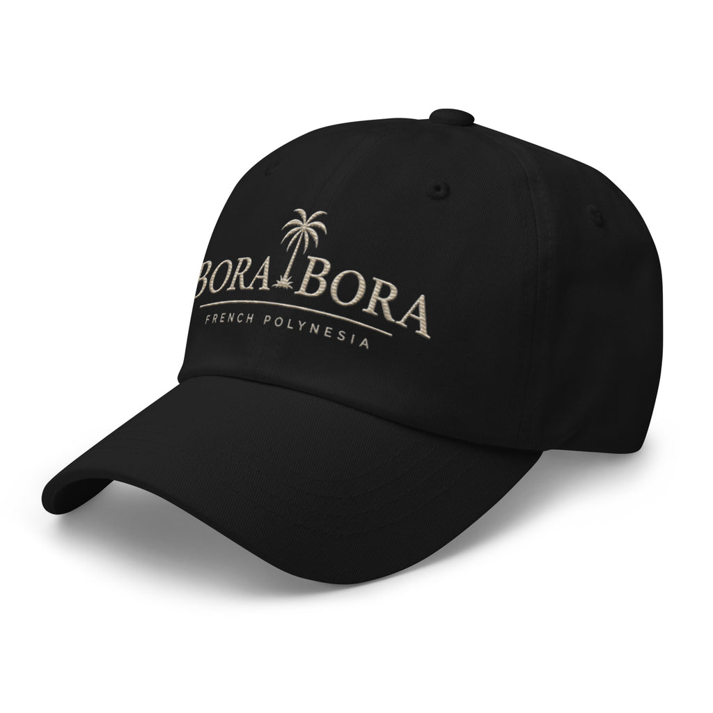 Black Bora Bora French Polynesia embroidered dad hat side view on clean neutral background