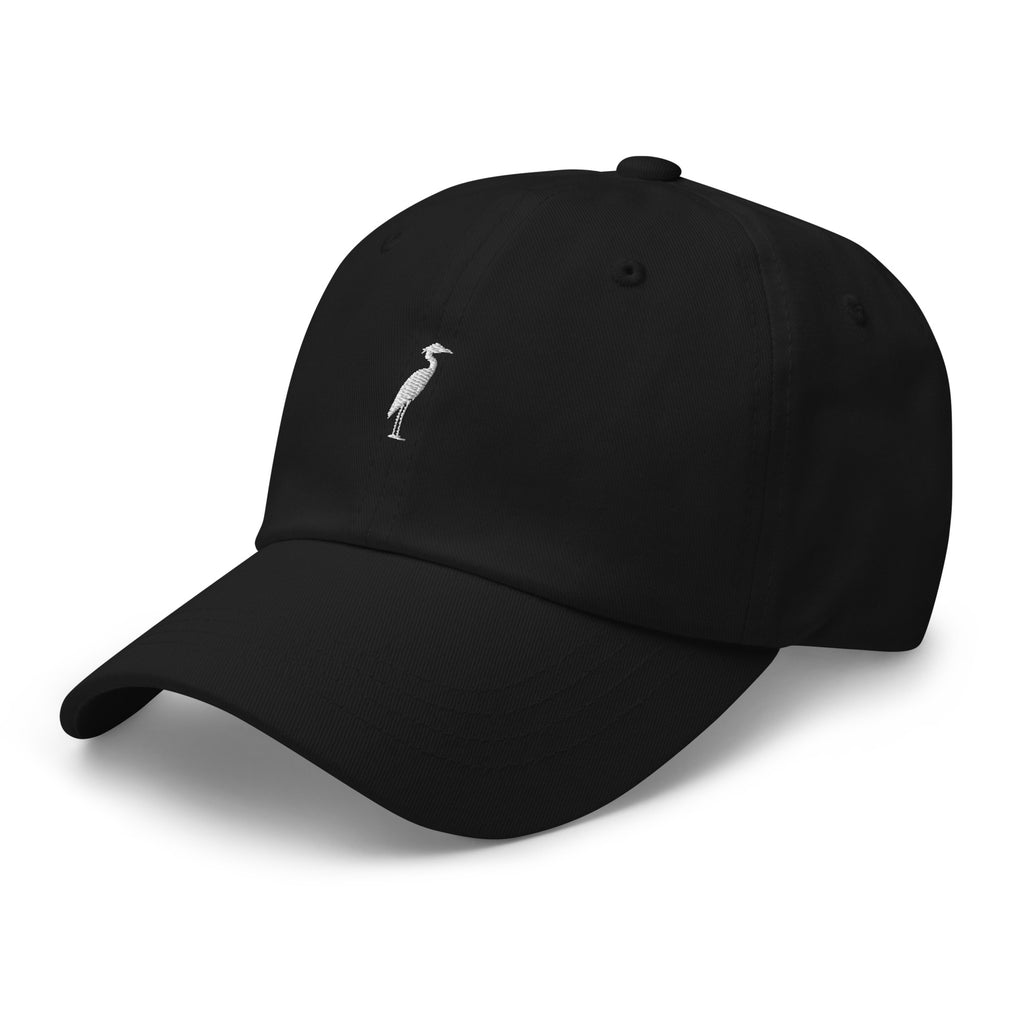 Great Blue Heron cotton twill dad hat back view showing Richmond text on adjustable strap Trini Skies