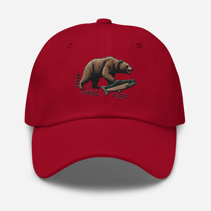 Great Outdoors Embroidered Bear and Salmon Dad hat Great Adventures Outdoor Life Camping Fishing Hat