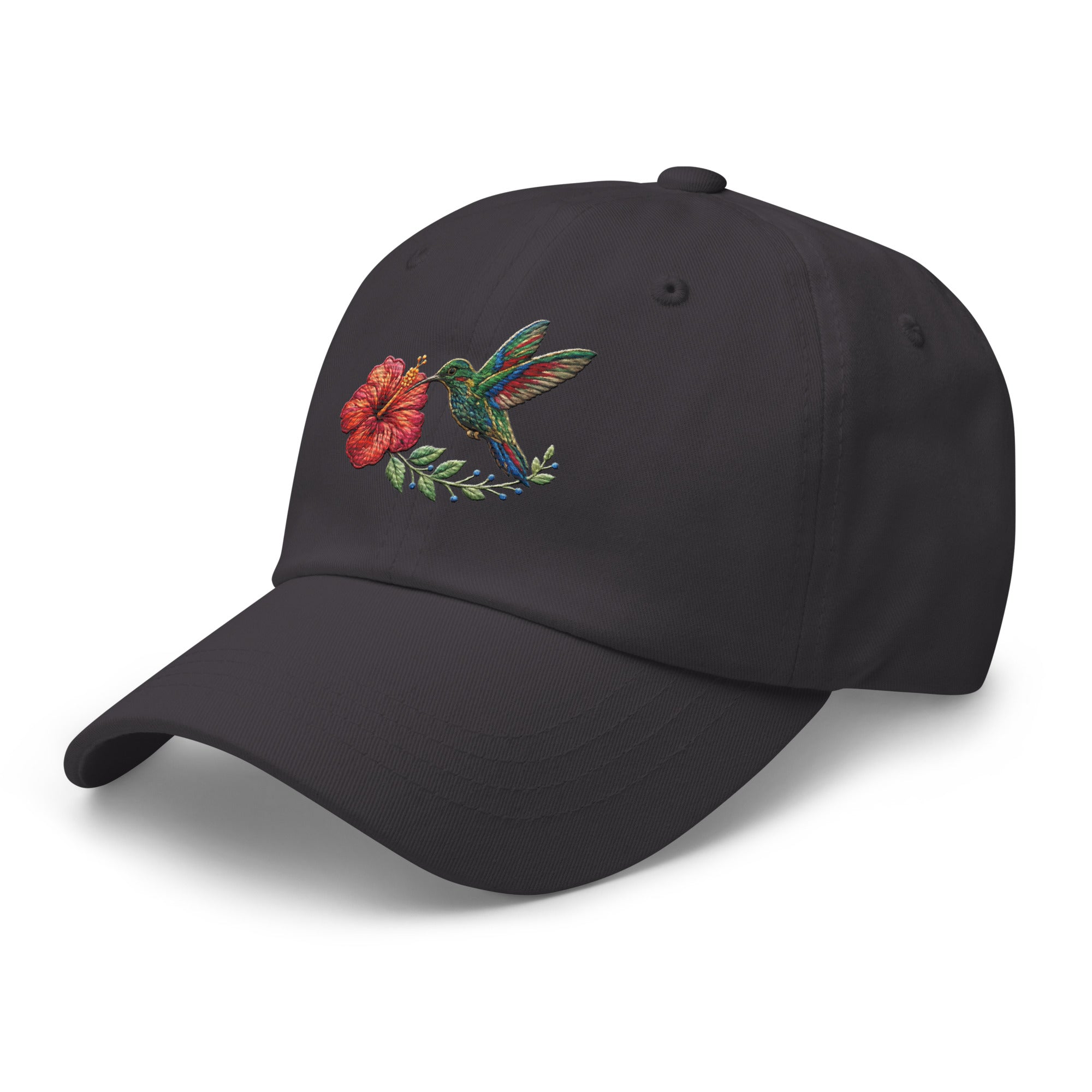 Charcoal Grey hummingbird hibiscus embroidered hat angled view