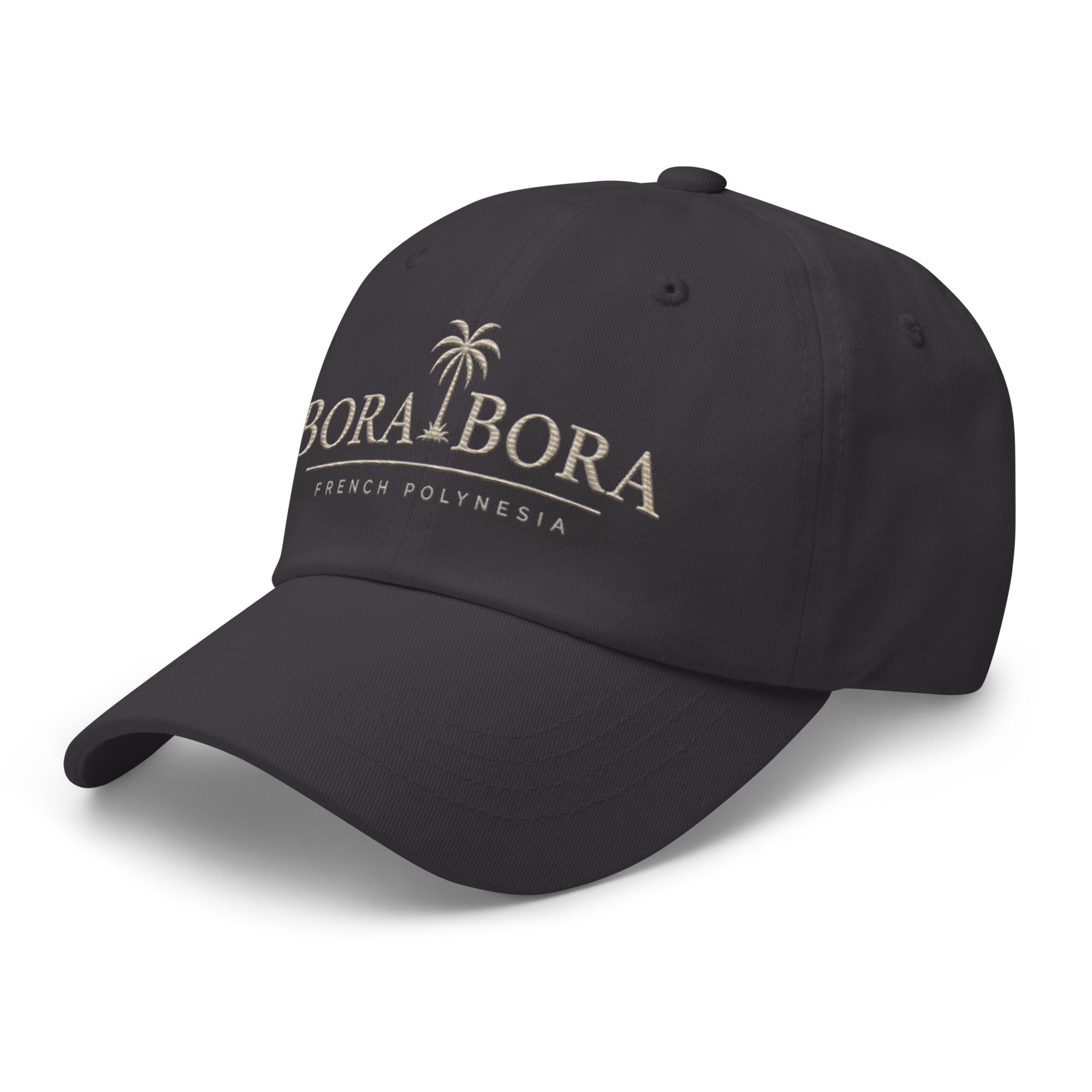 Charcoal Grey Bora Bora French Polynesia embroidered dad hat side view on clean neutral background