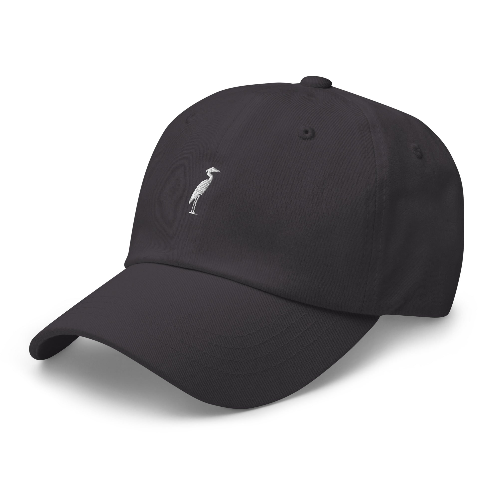 Great Blue Heron embroidered dad hat dark grey cotton twill front view Trini Skies Destination Collection