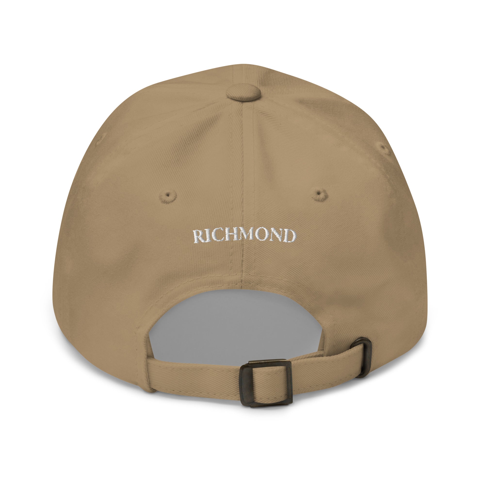 Great Blue Heron khaki dad hat back view Richmond text adjustable strap Trini Skies