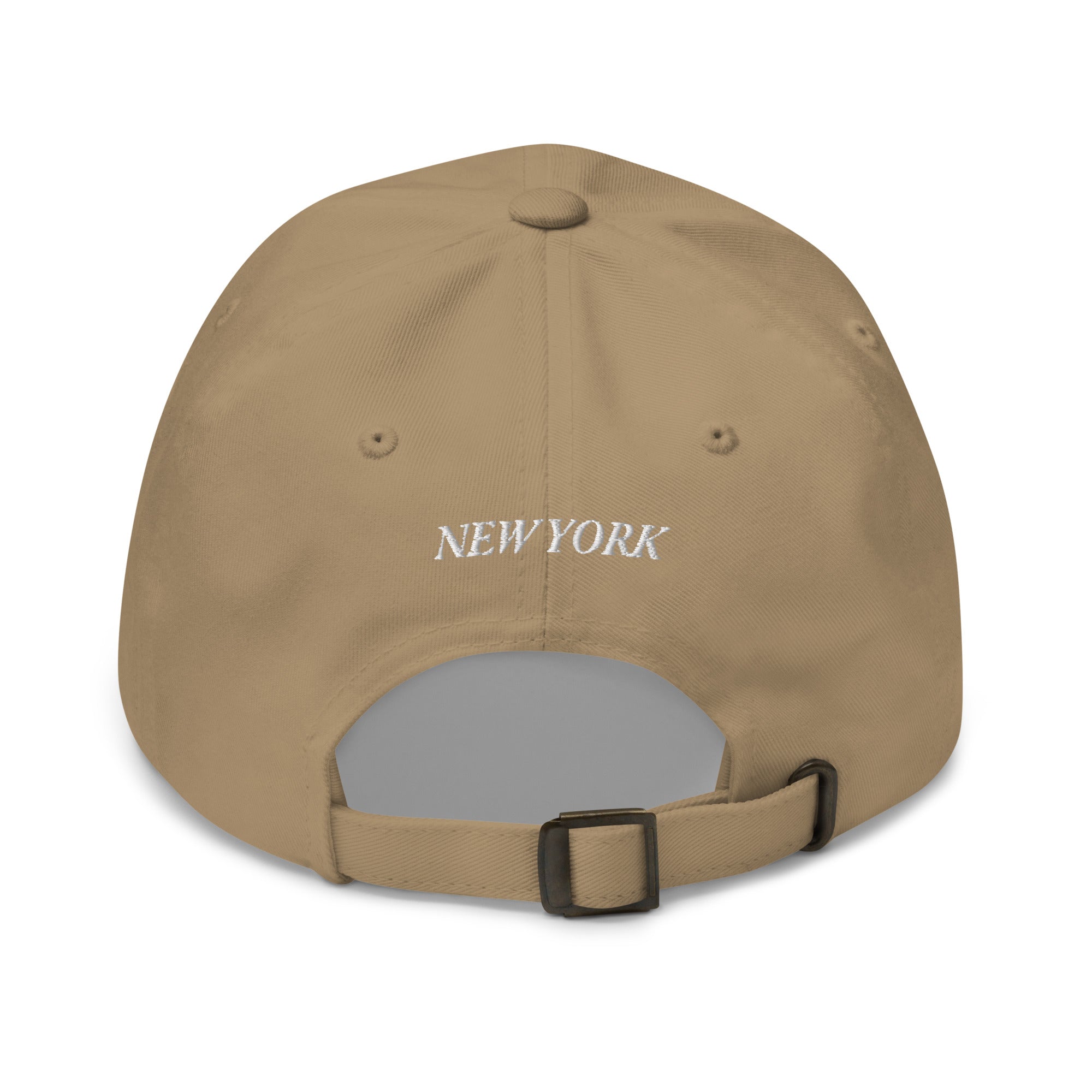New York Carriage cotton twill dad hat khaki back view New York text strap Trini Skies