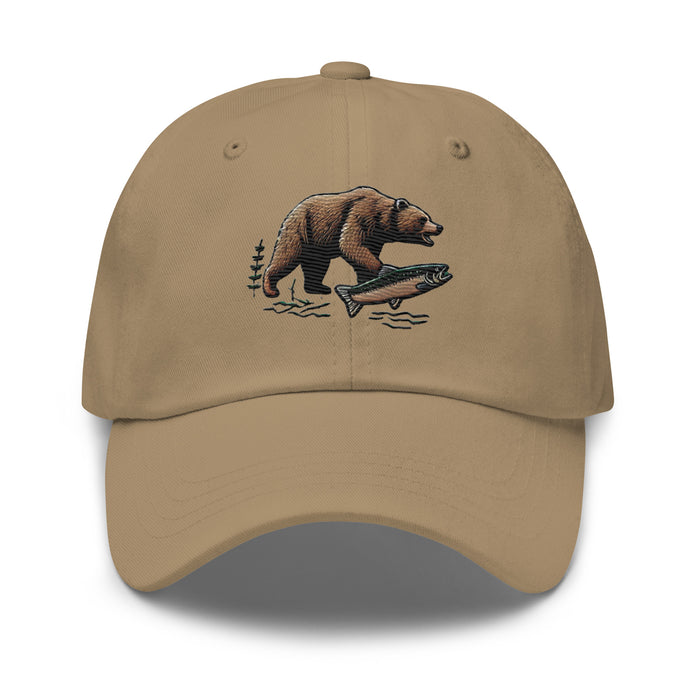 Great Outdoors Embroidered Bear and Salmon Dad hat Great Adventures Outdoor Life Camping Fishing Hat