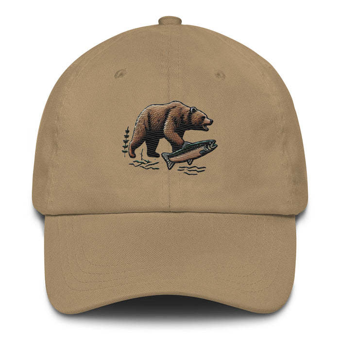 Great Outdoors Embroidered Bear and Salmon Dad hat Great Adventures Outdoor Life Camping Fishing Hat