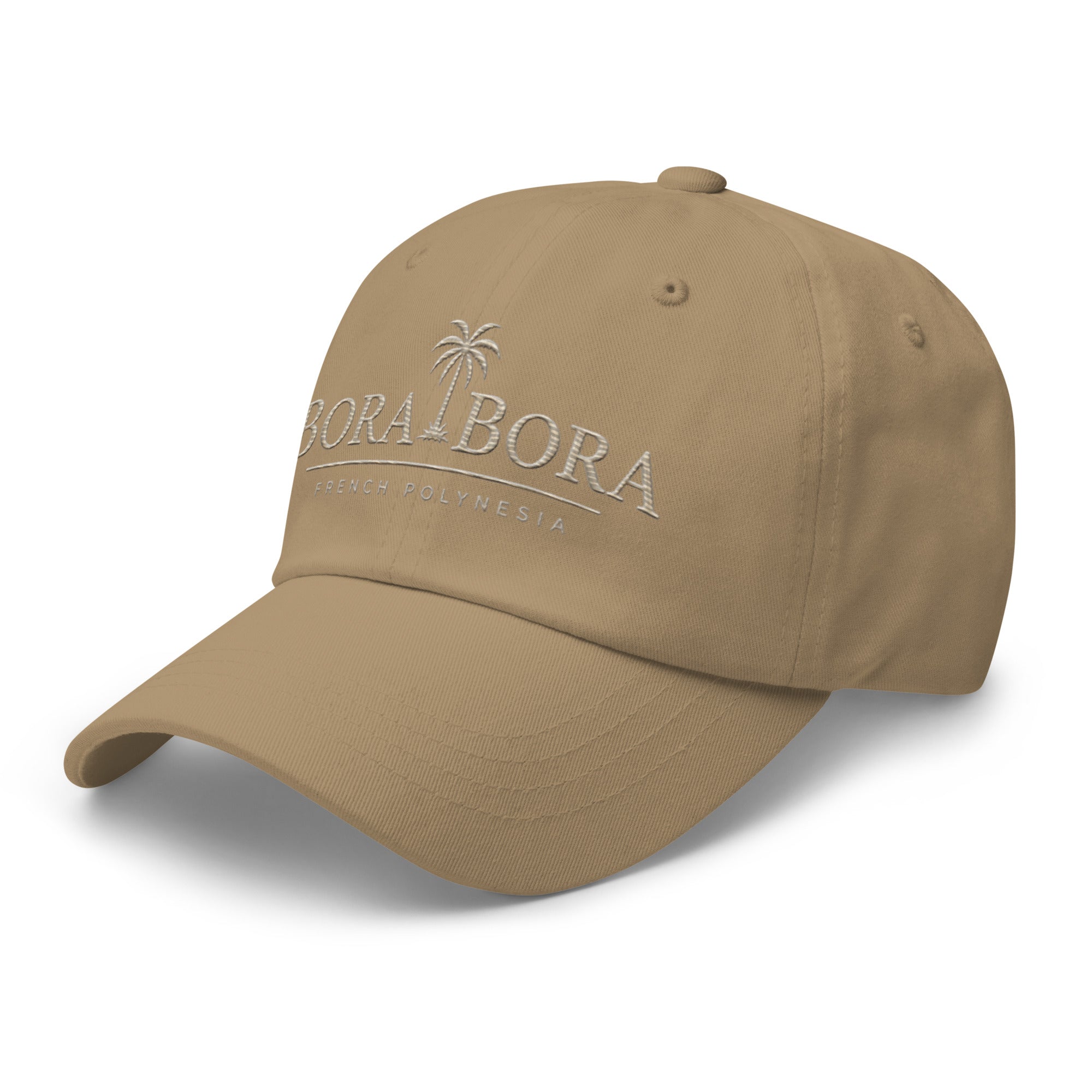 Sand Bora Bora French Polynesia embroidered dad hat side view on clean neutral background