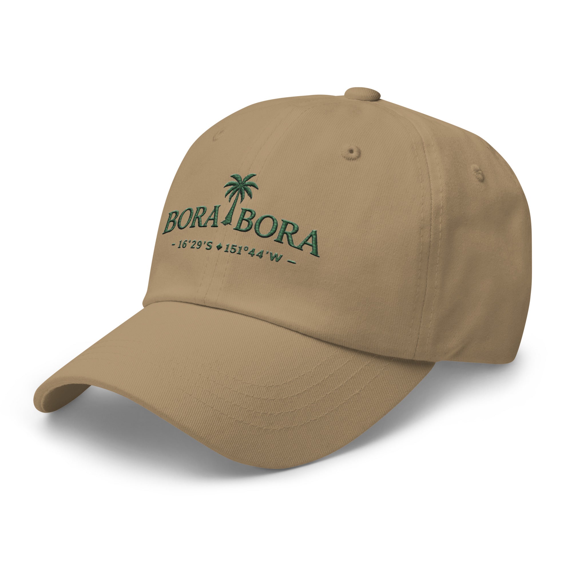 Khaki Bora Bora French Polynesia embroidered dad hat front view on clean neutral background