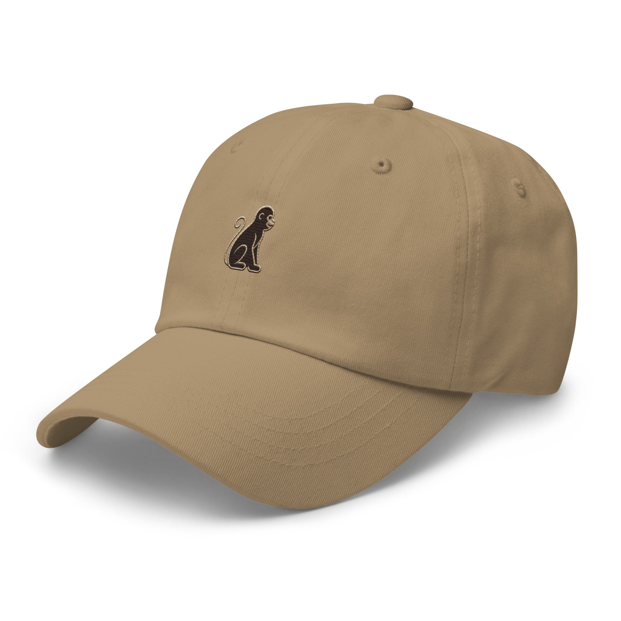 Signature Monkey Embroidered Dad Hat by Trini Skies in khaki cotton twill, left front view showing monkey emblem embroidery