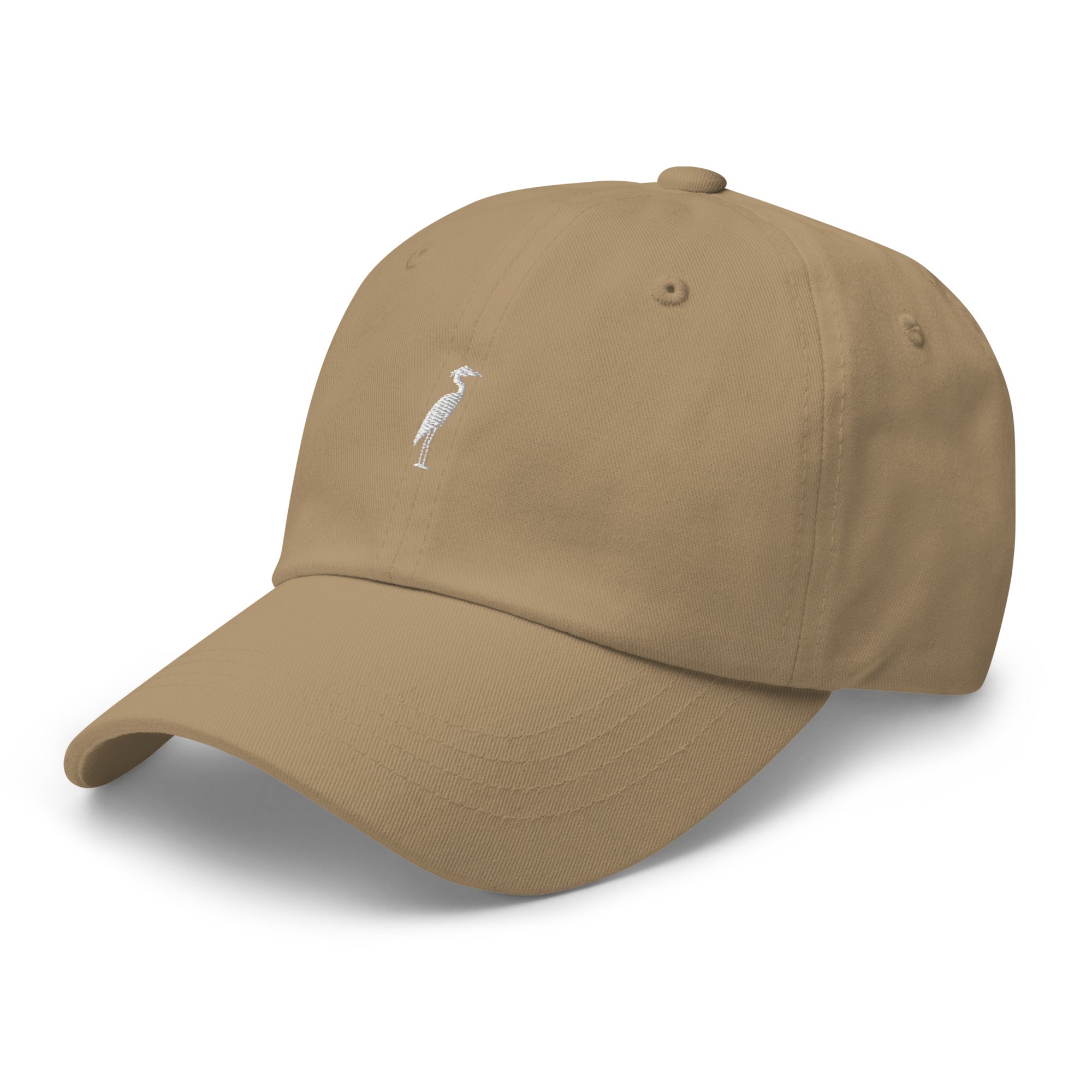 Great Blue Heron embroidered dad hat in khaki cotton twill front view Trini Skies Richmond Virginia gift
