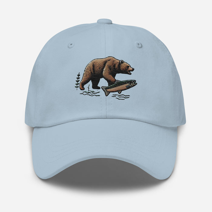 Great Outdoors Embroidered Bear and Salmon Dad hat Great Adventures Outdoor Life Camping Fishing Hat