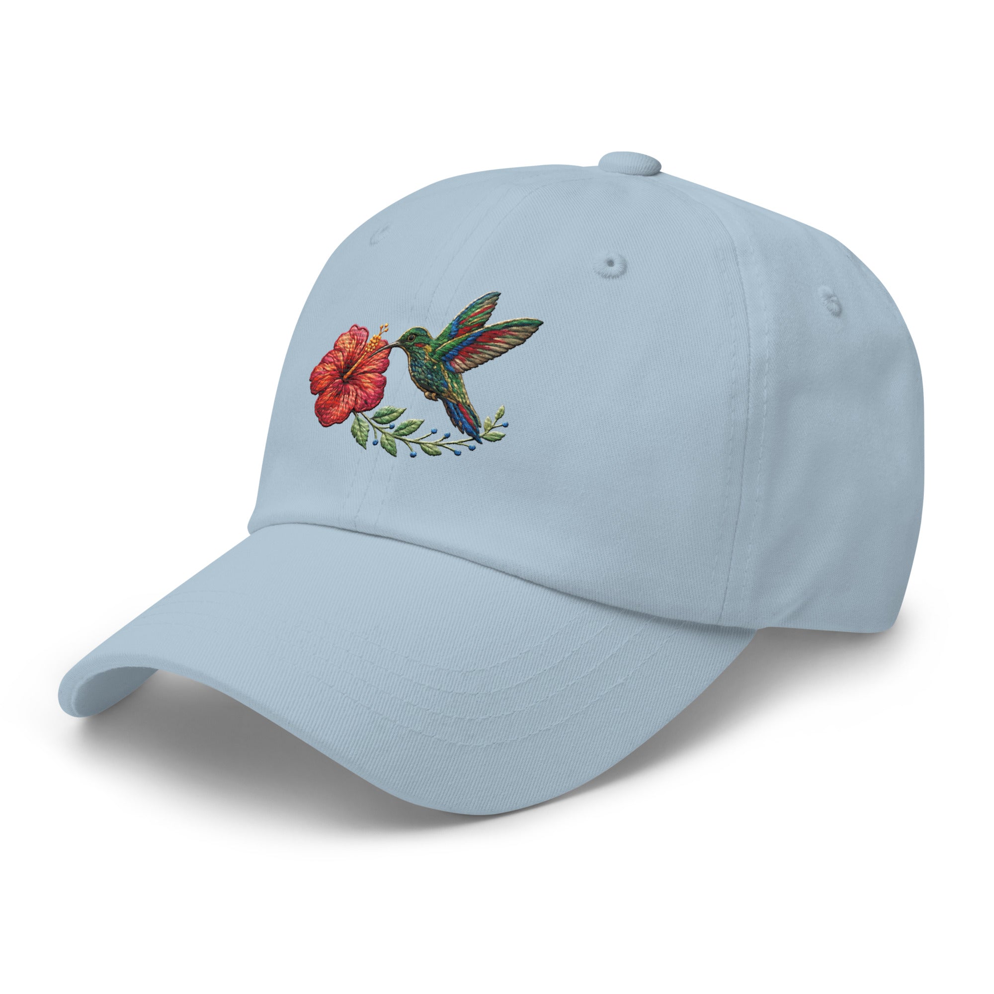 Light blue hummingbird embroidered hat tropical island cap