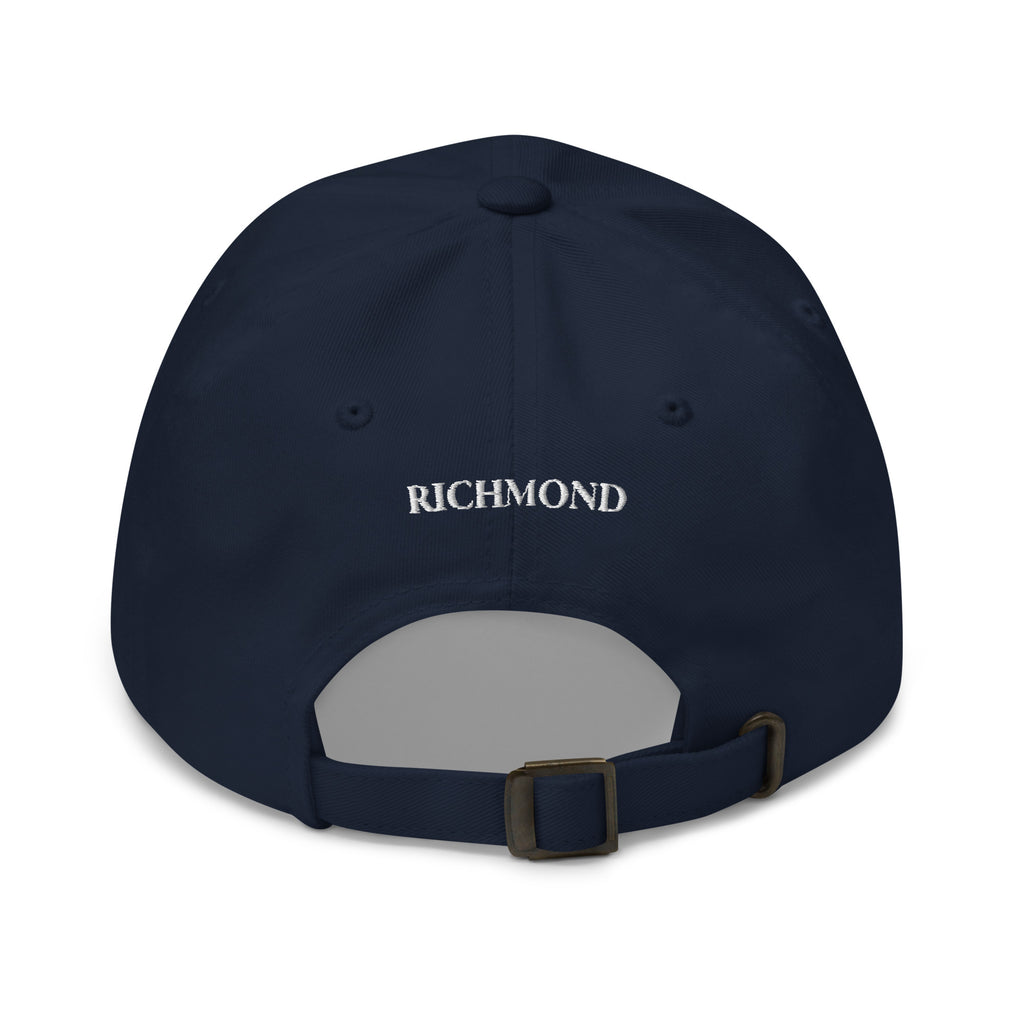 Great Blue Heron dad hat black back view Richmond text on strap Trini Skies Destination Collection