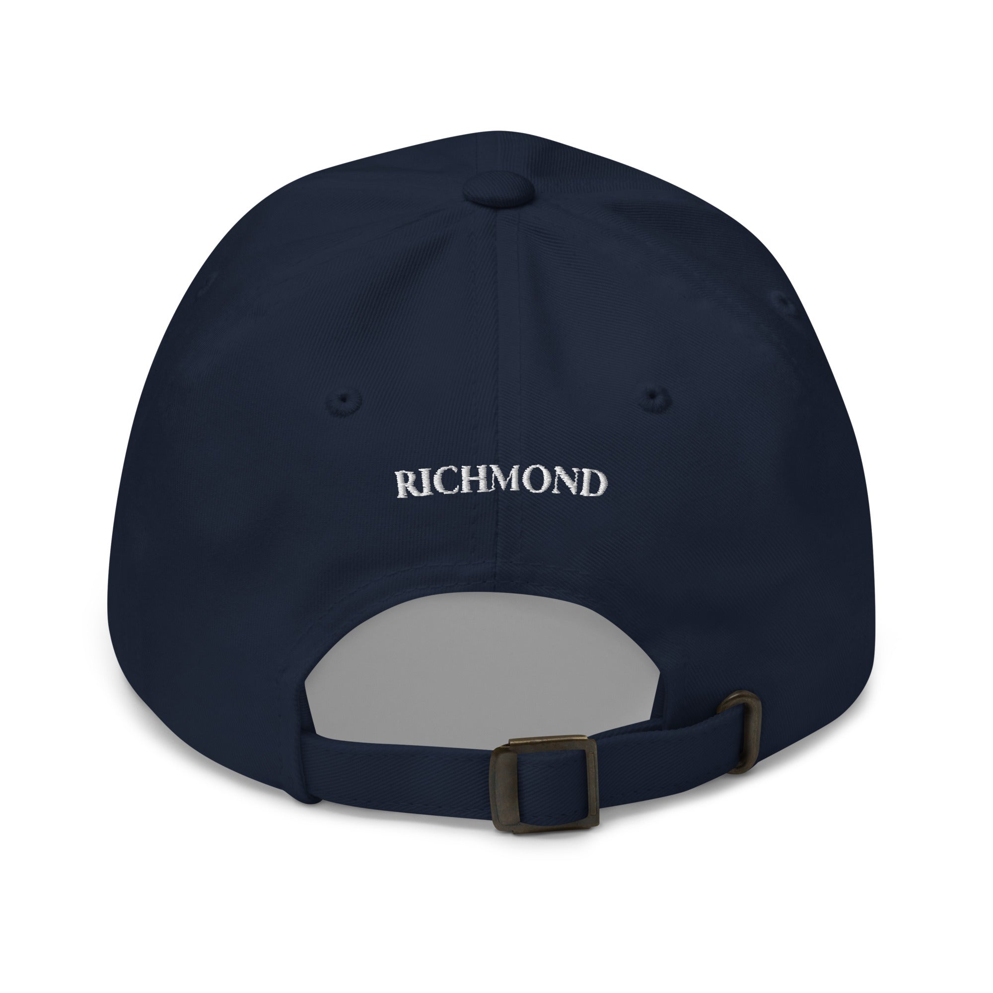 Great Blue Heron dad hat black back view Richmond text on strap Trini Skies Destination Collection