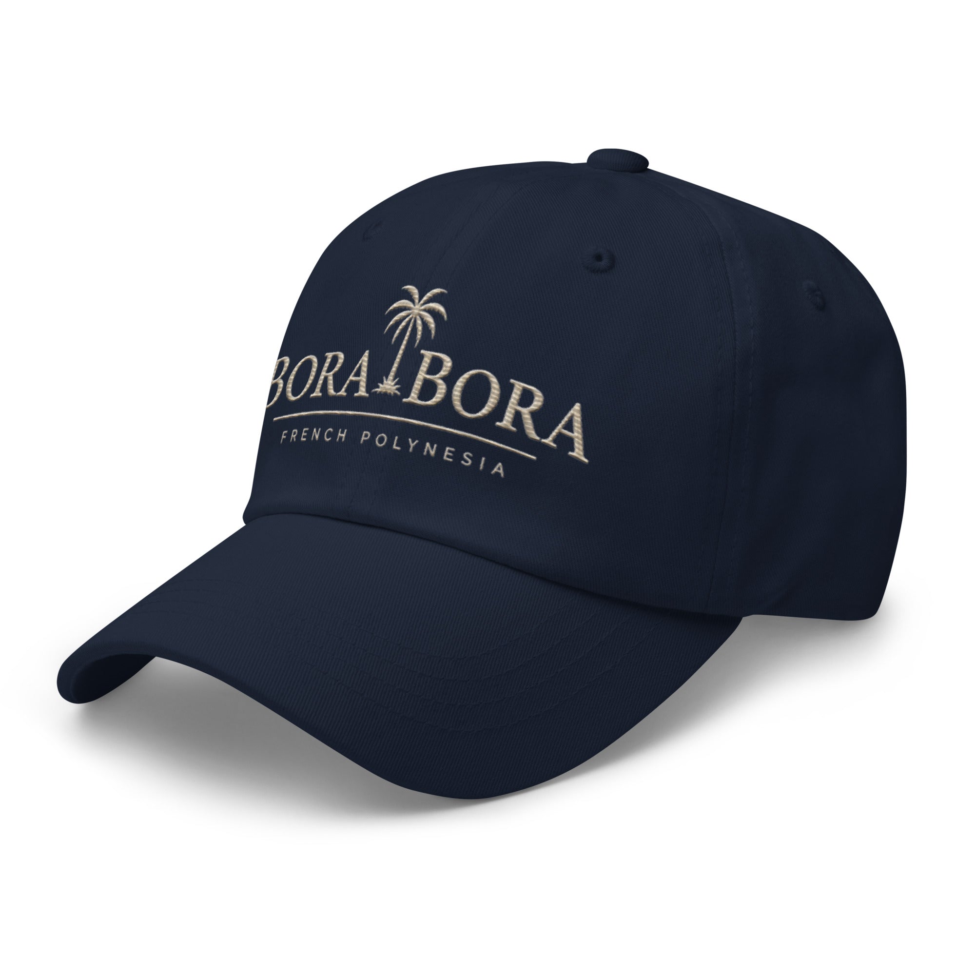 Navy Bora Bora French Polynesia embroidered dad hat side view on clean neutral background