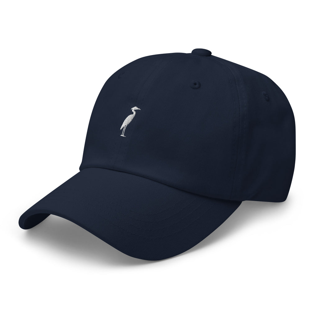 Great Blue Heron minimalist embroidery on navy cotton twill dad hat front view Trini Skies Richmond collection