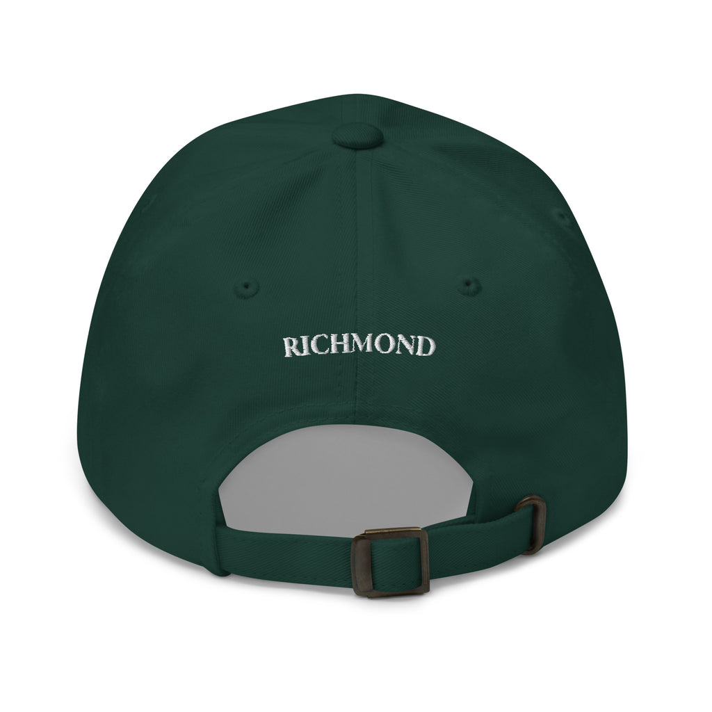 Great Blue Heron dad hat spruce green back view showing Richmond text adjustable strap Trini Skies