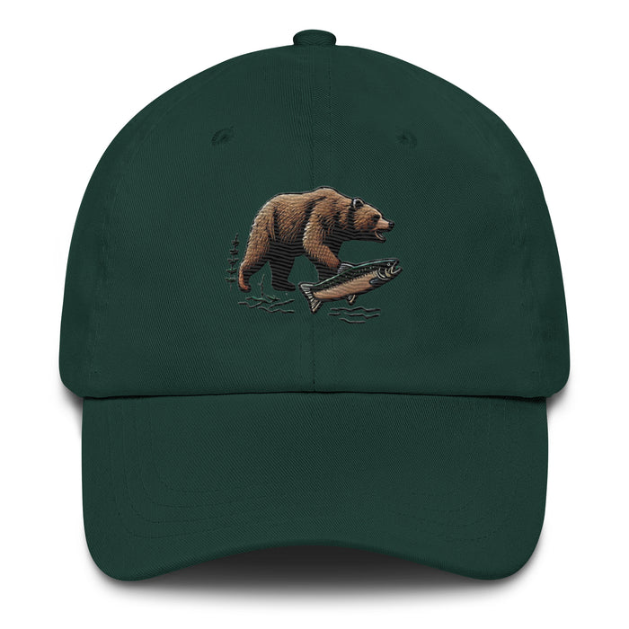 Great Outdoors Embroidered Bear and Salmon Dad hat Great Adventures Outdoor Life Camping Fishing Hat