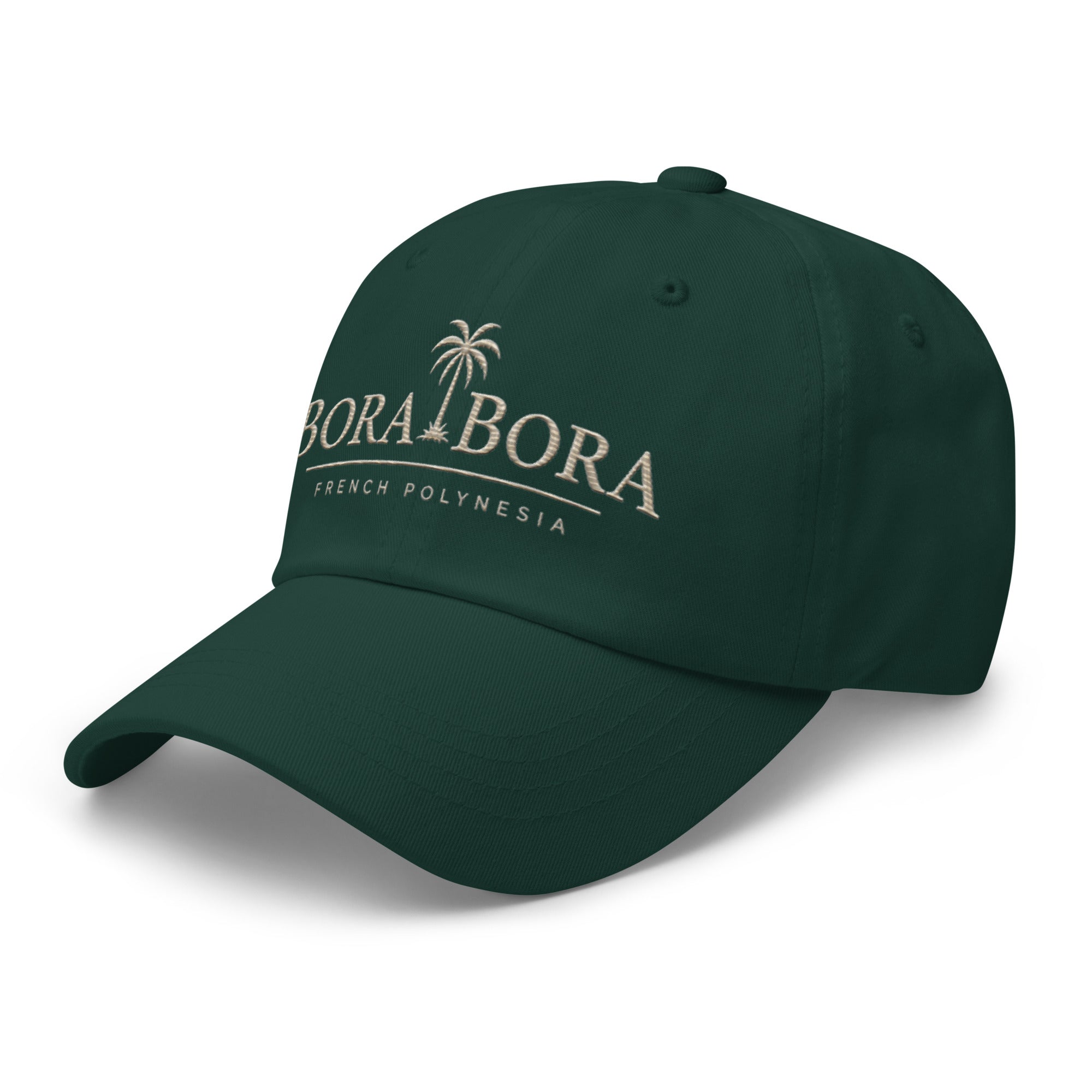 Spruce Green Bora Bora French Polynesia embroidered dad hat side view on clean neutral background