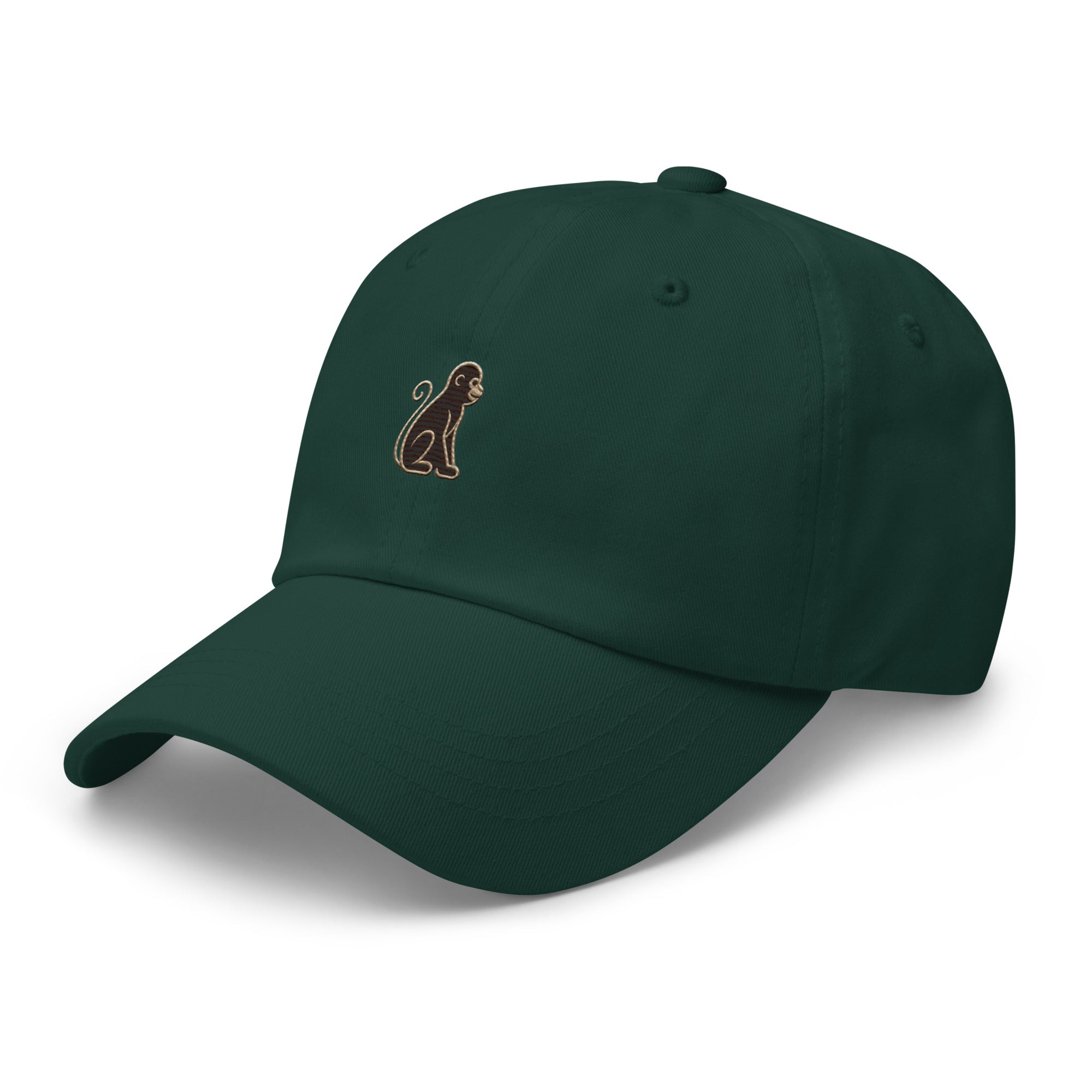 Signature Monkey Embroidered Dad Hat by Trini Skies in spruce cotton twill, left front view showing monkey emblem embroidery