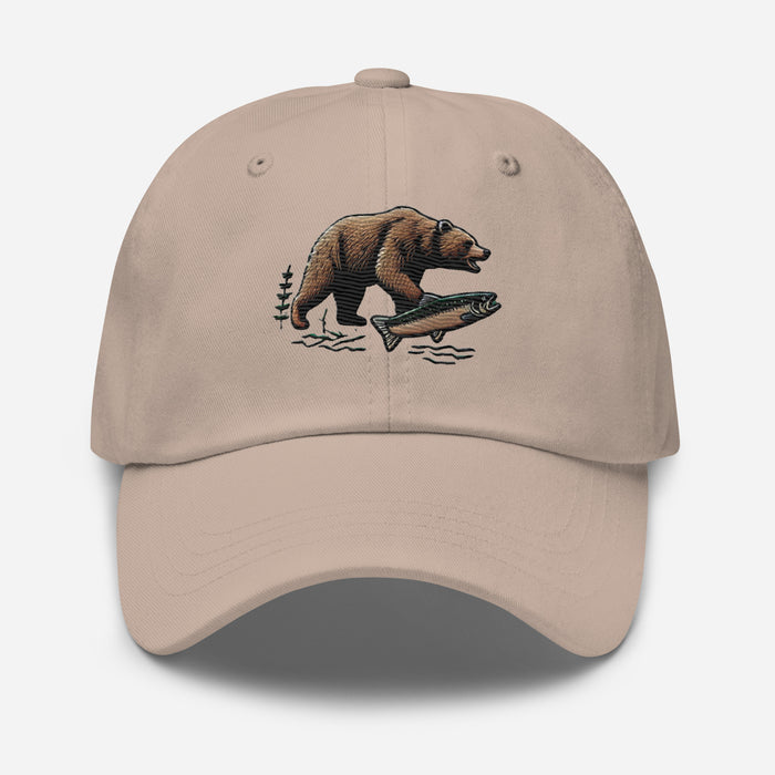 Great Outdoors Embroidered Bear and Salmon Dad hat Great Adventures Outdoor Life Camping Fishing Hat