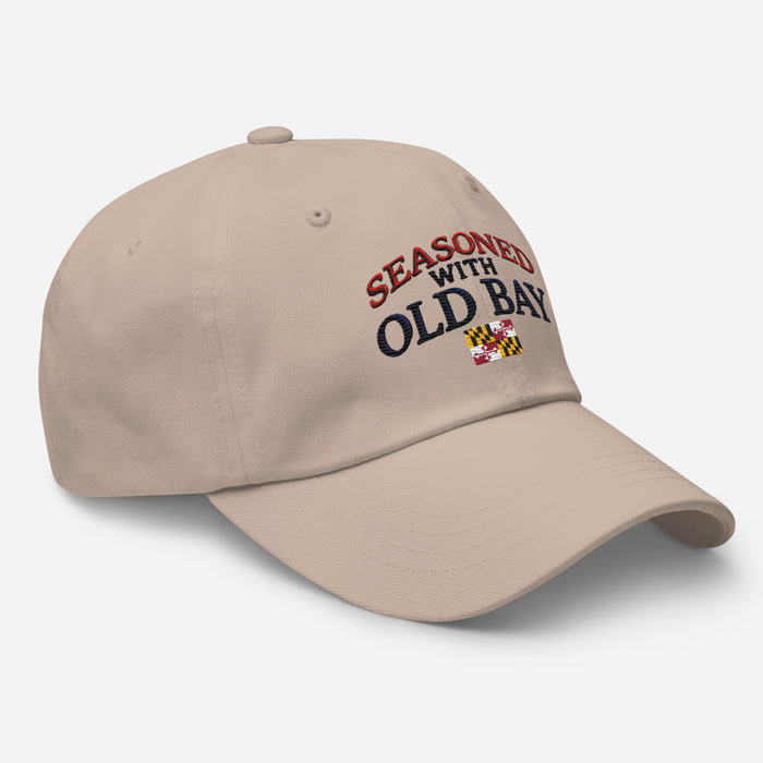 Seasoned With Old Bay Embroidered Dad Hat - Adjustable Strap, Low Profile Style Great Gift Idea Maryland Chesapeake