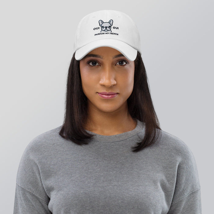 Embroidered "Yes Yes Pardon My French" French Bulldog Dad Hat, Low Profile Adjustable Cap