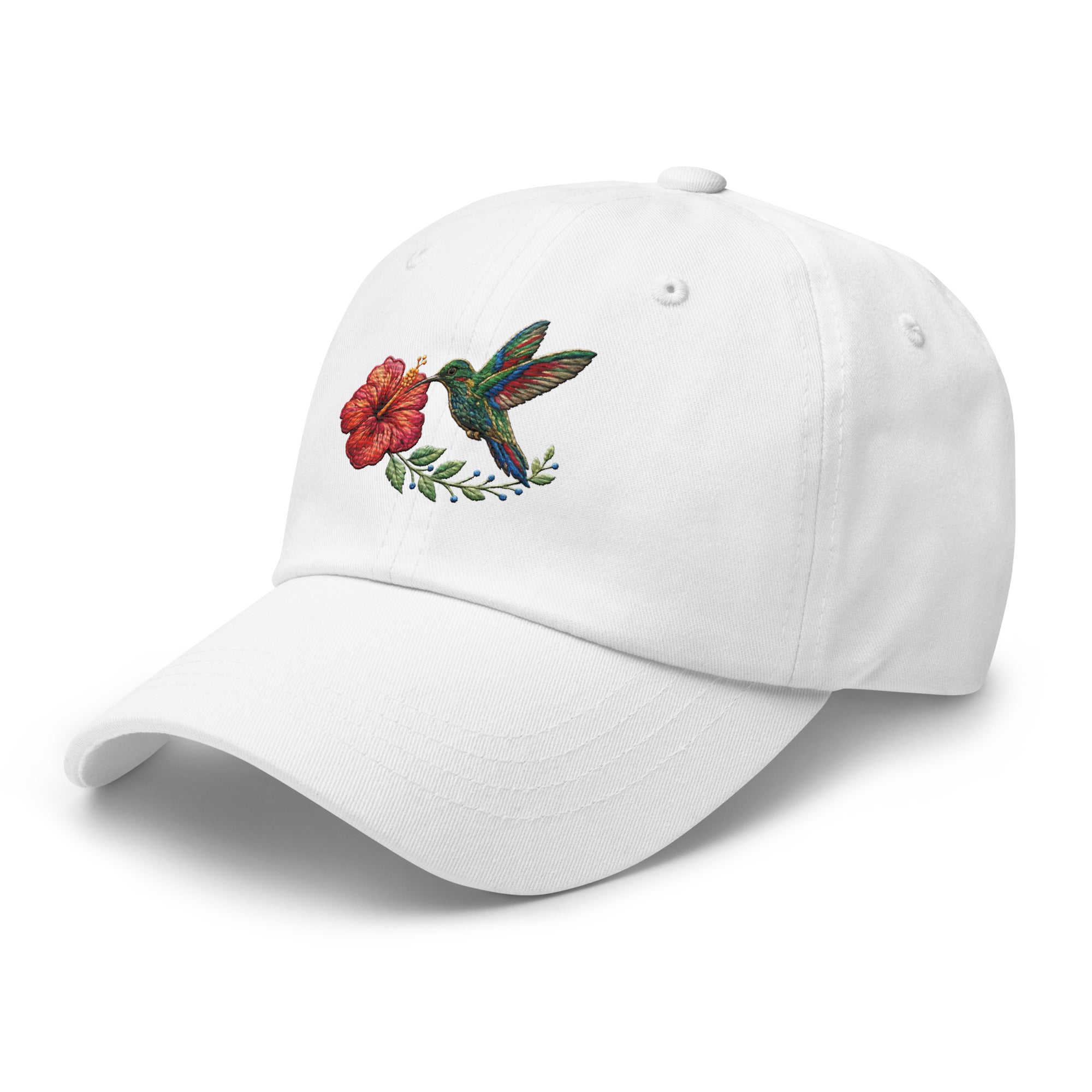 White hummingbird embroidered hat floral botanical cap